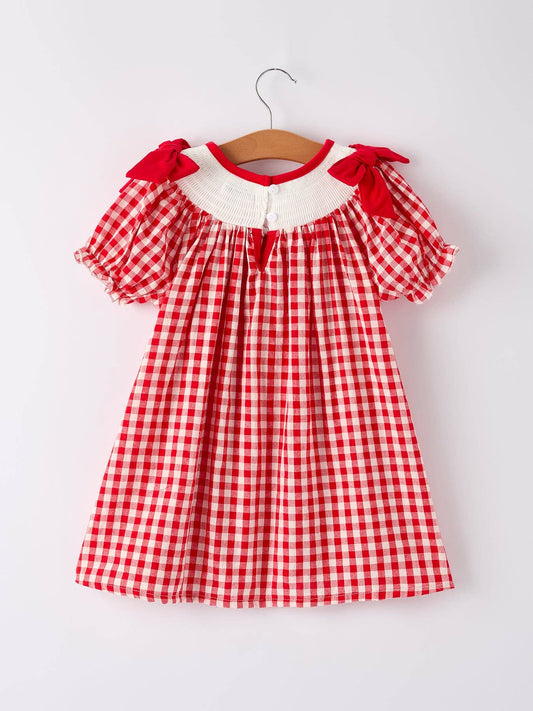 Red Cherry Bow Plaid Smocking Embroidery Girls'