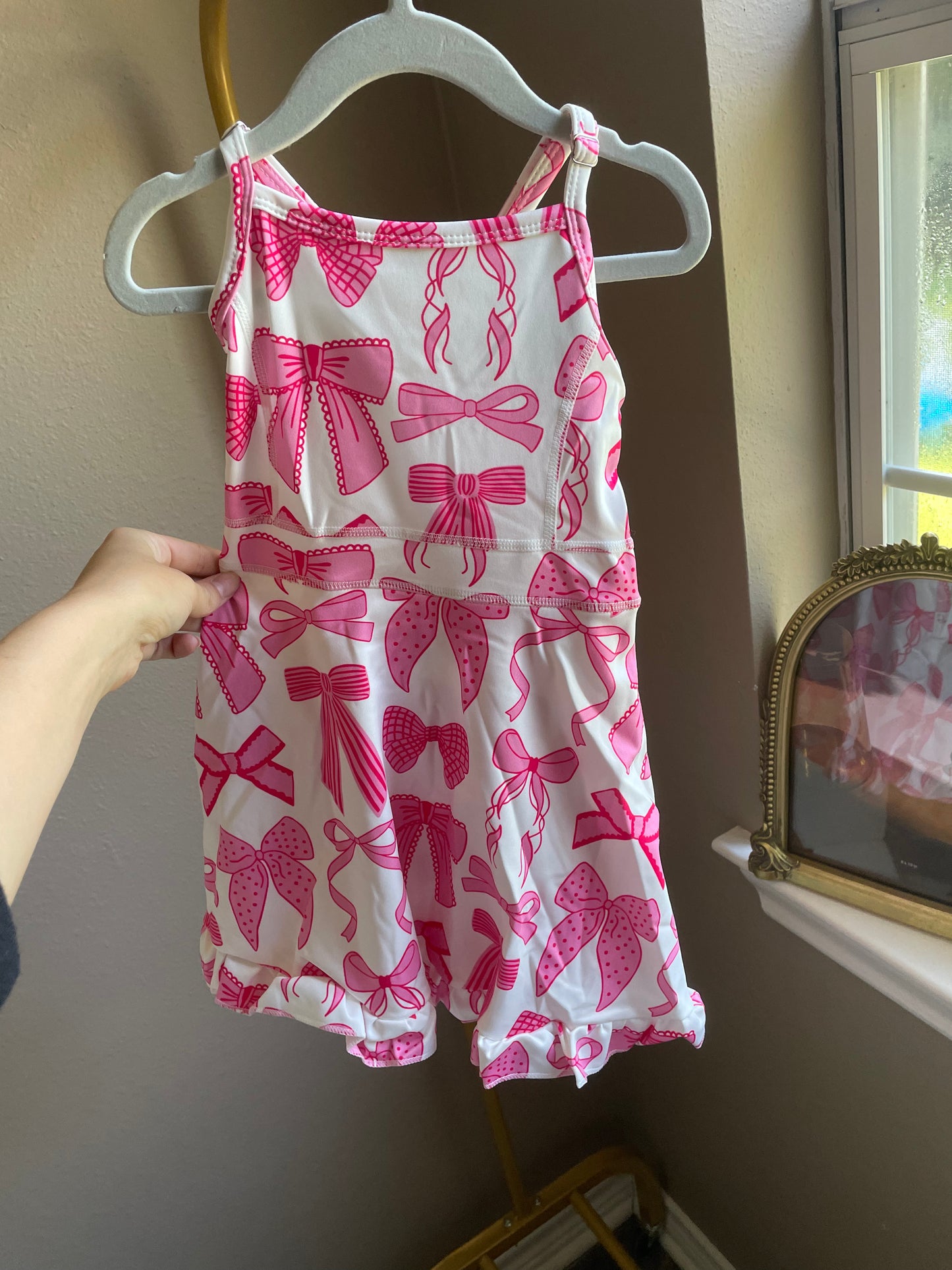 Pink Bow Print Girls Athletic Dresses