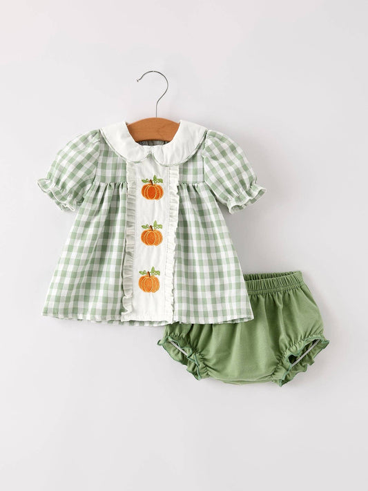 Fall Halloween & Thanksgiving Applique Plaid Girls Bloomers Romper Set