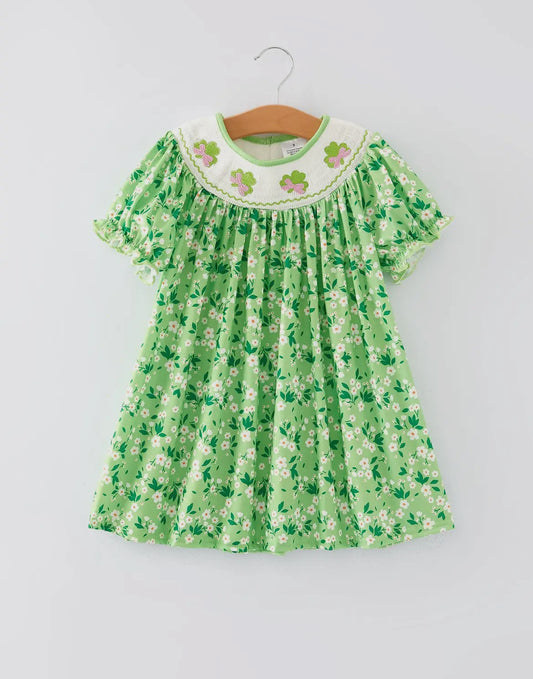 Smocked Embroidered Four leaf clover Dress